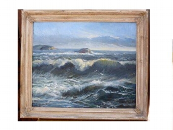 OIL ON BOARD TITLED THE ROARING SEA BY ARTIST ROBERT DUMONT SMITH B1908 PRESENTED IN SHABBY CHIC ...