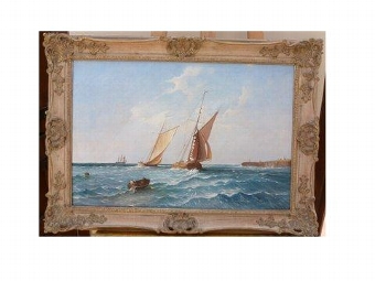 FINE QUALITY OIL PAINTING OF SAILING VESSELS IN ROUGH SEAS BY ROBERT DUMONT SMITH PRESENTED IN A ...