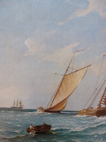 Antique FINE QUALITY OIL PAINTING OF SAILING VESSELS IN ROUGH SEAS BY ROBERT DUMONT SMITH PRESENTED IN A BEAUTIFULL DECORATIVE SWEPT FRAME 29 X 26 INCHES (ONE OF A PAIR OFFERED SEPARATELY)