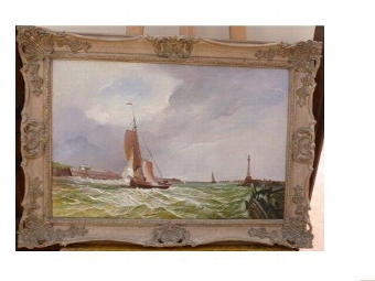 FINE OIL PAINTING OF SAILING VESSEL HEADING TOWARD THE HARBOUR ENTRANCE IN ROUGH CHOPPY SEAS & PR...