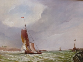 Antique FINE OIL PAINTING OF SAILING VESSEL HEADING TOWARD THE HARBOUR ENTRANCE IN ROUGH CHOPPY SEAS & PRESENTED IN DECORATIVE SWEPT FRAME 29 X 26 INCHES(ONE OF A PAIR OFFERED SEPARATELY)