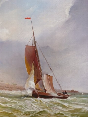 Antique FINE OIL PAINTING OF SAILING VESSEL HEADING TOWARD THE HARBOUR ENTRANCE IN ROUGH CHOPPY SEAS & PRESENTED IN DECORATIVE SWEPT FRAME 29 X 26 INCHES(ONE OF A PAIR OFFERED SEPARATELY)
