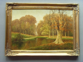 LARGE LANDSCAPE OIL PAINTING ON CANVAS BY LISTED ARTIST DAVID MEAD DEPICTING A LAVISH GREEN AUTUM...