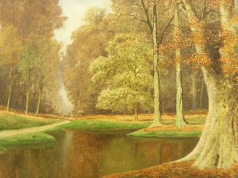 Antique LARGE LANDSCAPE OIL PAINTING ON CANVAS BY LISTED ARTIST DAVID MEAD DEPICTING A LAVISH GREEN AUTUMNAL VIEW WITH CALM POOL PRESENTED IN GILT FRAME 42.5 x 30.5 INCHES