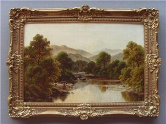 FINE QUALITY RIVER LANDSCAPE OIL PAINTING WITH CATTLE WATERING BY LISTED ARTIST ROBERT MANN C1880...