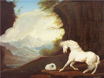 Antique EYECATCHING OIL PAINTING OF A WHITE STALLION AFTER GREEK MYTHOLOGY BY ARTIST MICHAEL SCOTT & PRESENTED IN ORNATE SWEPT ANTIQUE STYLE FRAME 26 X 22 INCHES