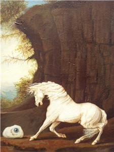 Antique EYECATCHING OIL PAINTING OF A WHITE STALLION AFTER GREEK MYTHOLOGY BY ARTIST MICHAEL SCOTT & PRESENTED IN ORNATE SWEPT ANTIQUE STYLE FRAME 26 X 22 INCHES