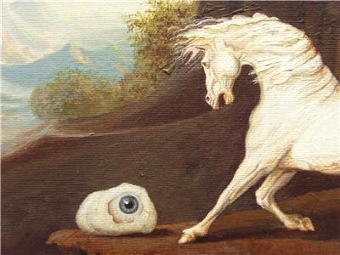 Antique EYECATCHING OIL PAINTING OF A WHITE STALLION AFTER GREEK MYTHOLOGY BY ARTIST MICHAEL SCOTT & PRESENTED IN ORNATE SWEPT ANTIQUE STYLE FRAME 26 X 22 INCHES