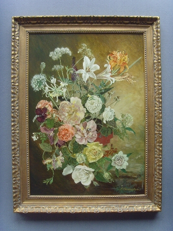 FINE STILL LIFE FLOWER OIL PAINTING BY CHESTERTON OF LILLIES LAVENDER HONEYSUCKLE ROSES PASSIONFL...