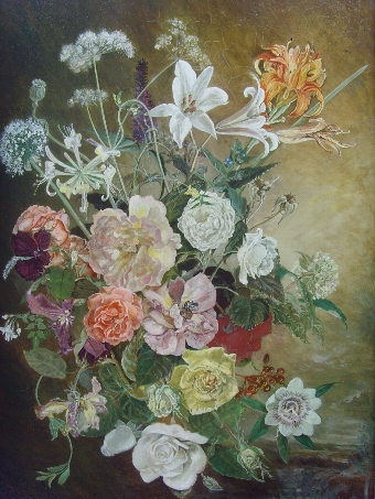 Antique FINE STILL LIFE FLOWER OIL PAINTING BY CHESTERTON OF LILLIES LAVENDER HONEYSUCKLE ROSES PASSIONFLOWER AND POPPIES APPROX SIZE 35 X 27 INCHES 