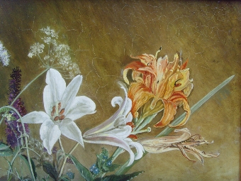 Antique FINE STILL LIFE FLOWER OIL PAINTING BY CHESTERTON OF LILLIES LAVENDER HONEYSUCKLE ROSES PASSIONFLOWER AND POPPIES APPROX SIZE 35 X 27 INCHES 