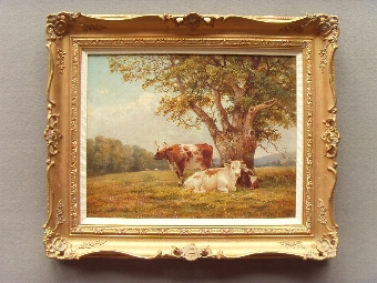 19TH CENTURY OIL PAINTING OF CATTLE RESTING IN A LANDSCAPE SIGNED BY ARTIST W.V.TIPPET 22 X 18 IN...