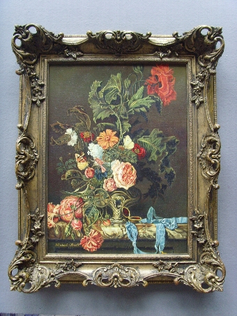 STILL LIFE FLOWER OIL PAINTING BY ARTIST M.SCOTT PRESENTED IN A VERY SPECIAL DECORATIVE SWEPT FRA...