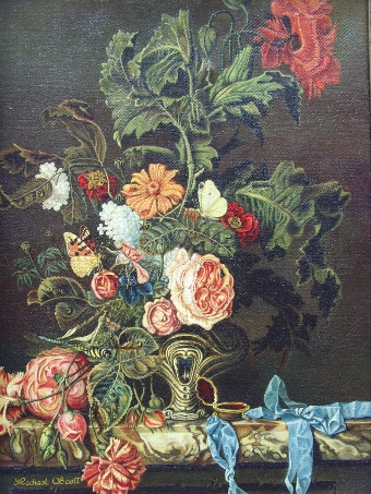 Antique STILL LIFE FLOWER OIL PAINTING BY ARTIST M.SCOTT PRESENTED IN A VERY SPECIAL DECORATIVE SWEPT FRAME