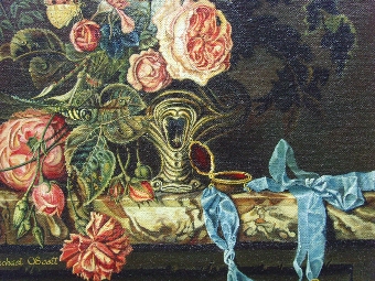 Antique STILL LIFE FLOWER OIL PAINTING BY ARTIST M.SCOTT PRESENTED IN A VERY SPECIAL DECORATIVE SWEPT FRAME