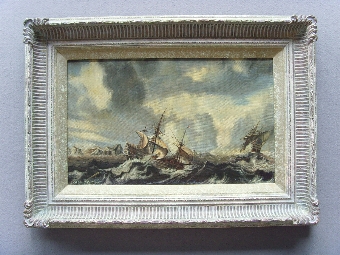 SEASCAPE OIL PAINTING OF VESSELS IN ROUGH SEAS BY ARTIST MICHAEL SCOTT PRESENTED IN A SWEPT FRAME