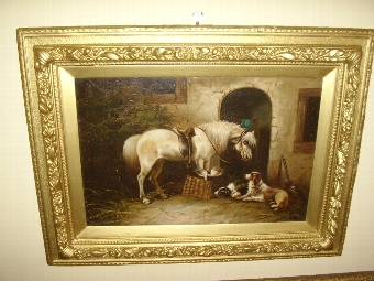 OIL PAINTING OF GREY GILDING WITH DOGS ATTRIBUTED TO ARTIST GEORGE ARMFIELD JUNIOR 1808 TO 1893