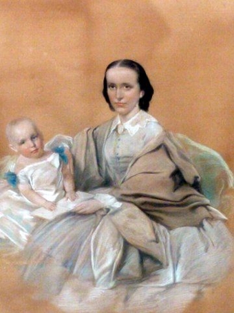 PASTEL & GOUACHE VICTORIAN PORTRAIT PAINTING OF MOTHER HOLDING YOUNG CHILD BY ARTIST JOSIAH GILBE...
