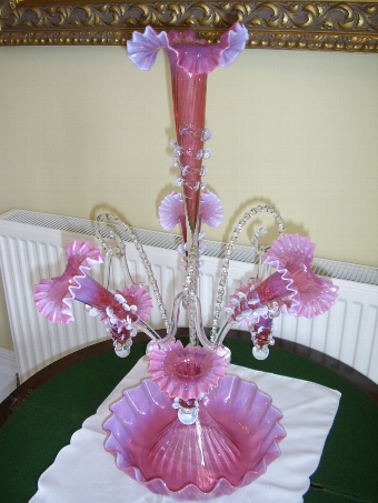 20THC VENETIAN CRANBERRY GLASS EPERGNE WITH FLUTTED TRUMPETS & HANGING BASKET CONES HEIGHT 26 INC...
