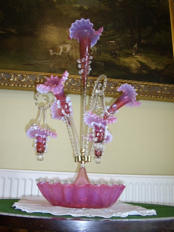 Antique 20THC VENETIAN CRANBERRY GLASS EPERGNE WITH FLUTTED TRUMPETS & HANGING BASKET CONES HEIGHT 26 INCHES HIGH   