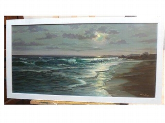 LARGE SEASCAPE OIL PAINTING ON CANVAS SIGNED A.BEARDSLEY 42 INCHES WIDE X 29 INCHES HIGH