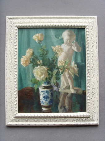 FINE FLORREL STILL LIFE OIL PAINTING BY MONTAGUE JACKSON OF CREAM ROSES WITH A CHERUB STATUETTE S...