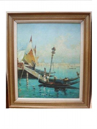 VENICE OIL PAINTING ON CANVAS OF TWO GONDOLAS MOORED 29 X 25 INCHES