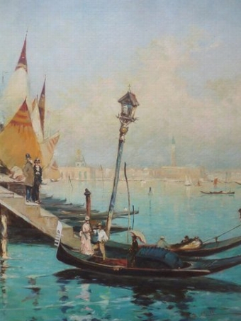 Antique VENICE OIL PAINTING ON CANVAS OF TWO GONDOLAS MOORED 29 X 25 INCHES