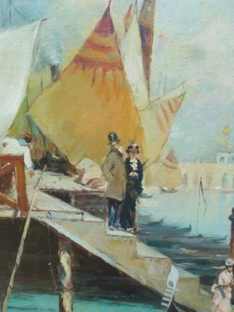 Antique VENICE OIL PAINTING ON CANVAS OF TWO GONDOLAS MOORED 29 X 25 INCHES