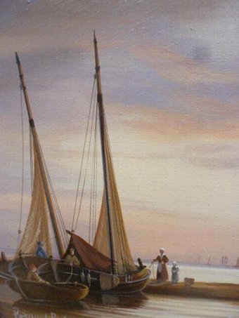 Antique MARINE OIL PAINTING BY BERNARD PAGE OF SAILING VESSELS IN THE DUTCH MANNER 