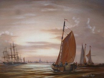 Antique OIL PAINTING BY BERNARD PAGE DUTCH MANNER OF FISHING VESSELS WITH LARGE MASTED SCHOONERS IN THE DISTANCE