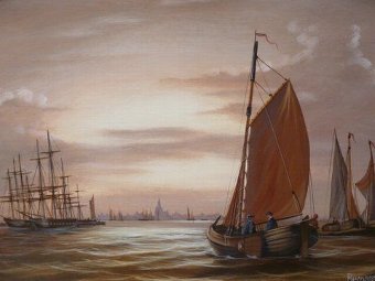 Antique OIL PAINTING BY BERNARD PAGE DUTCH MANNER OF FISHING VESSELS WITH LARGE MASTED SCHOONERS IN THE DISTANCE