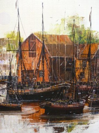 LARGE QUALITY ORIGINAL OIL PAINTING ON CANVAS OF HARBOUR WITH VESSELS MOORED BY ARTIST KEVIN PLAT...