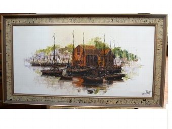Antique LARGE QUALITY ORIGINAL OIL PAINTING ON CANVAS OF HARBOUR WITH VESSELS MOORED BY ARTIST KEVIN PLATT FRAMED SIZE 47 X 25 INCHES
