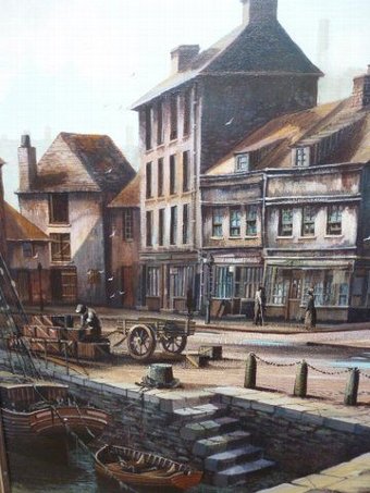 ORIGINAL LARGE OIL PAINTING OF 19TH CENTURY SCENE OF PADSTOW QUAYSIDE CORNWALL BY ARTIST KEVIN PL...