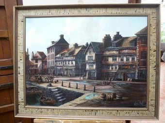 Antique ORIGINAL LARGE OIL PAINTING OF 19TH CENTURY SCENE OF PADSTOW QUAYSIDE CORNWALL BY ARTIST KEVIN PLATT FRAMED SIZE 38 X 29 INCHES 