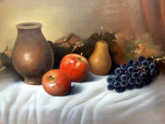 QUALITY STILL LIFE FRUIT OIL PAINTING BY R.VILLA OF A VASE WITH APPLES PEAR AND GRAPES ON A WHITE...