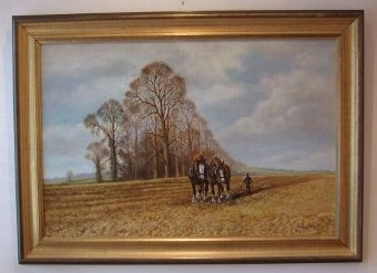 Antique LANDSCAPE OIL PAINTING OF SHIRE HORSES PLOUGHING FIELD
