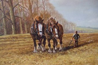 Antique LANDSCAPE OIL PAINTING OF SHIRE HORSES PLOUGHING FIELD