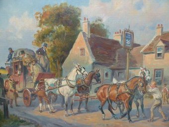 Oil Painting Coach & Horses Swan Inn By Eugun Laluff