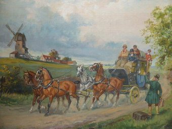 Oil Painting Stage Coach & Horses By Eugun Laluff
