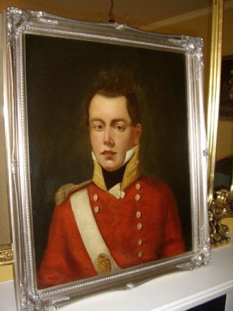REGENCY OIL PORTRAIT OF BRITISH REDCOAT OFFICER C1820 ENGLISH SCHOOL PAINTING 27.X.23 SILVERED FR...