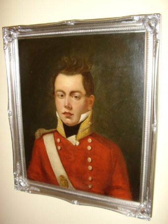 Antique REGENCY OIL PORTRAIT OF BRITISH REDCOAT OFFICER C1820 ENGLISH SCHOOL PAINTING 27.X.23 SILVERED FRAME