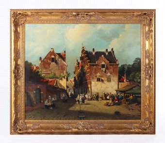 DUTCH GENRE STREET SCENE 19THC MANNER OIL PAINTING ON PANEL BY ARTIST JAN BEEKHOUT (B.1937)IN DEC...