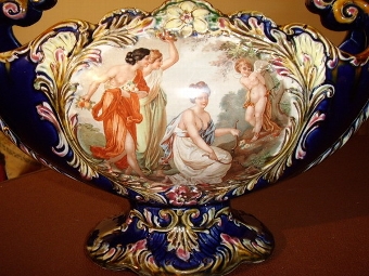 Antique MAJOLICA STYLE SWEET BASKET FINISHED IN COBALT BLUE WITH VIENNA CAMEO INSET & SCROLL HANDLES