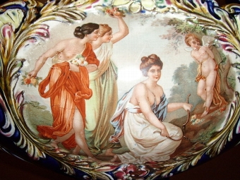 Antique MAJOLICA STYLE SWEET BASKET FINISHED IN COBALT BLUE WITH VIENNA CAMEO INSET & SCROLL HANDLES