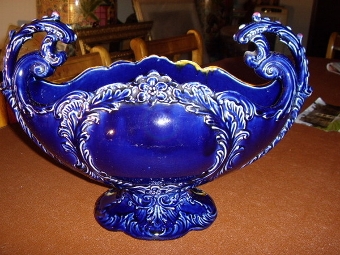 Antique MAJOLICA STYLE SWEET BASKET FINISHED IN COBALT BLUE WITH VIENNA CAMEO INSET & SCROLL HANDLES