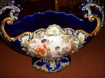 Antique MAJOLICA STYLE SWEET BASKET FINISHED IN COBALT BLUE WITH VIENNA CAMEO INSET & SCROLL HANDLES