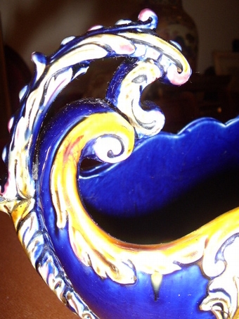 Antique MAJOLICA STYLE SWEET BASKET FINISHED IN COBALT BLUE WITH VIENNA CAMEO INSET & SCROLL HANDLES