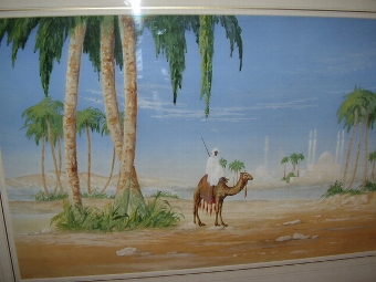 Antique WATERCOLOUR WITH OASIS & PALACE IN THE BACKGROUND DEPICTING CAMEL & RIDER C1923